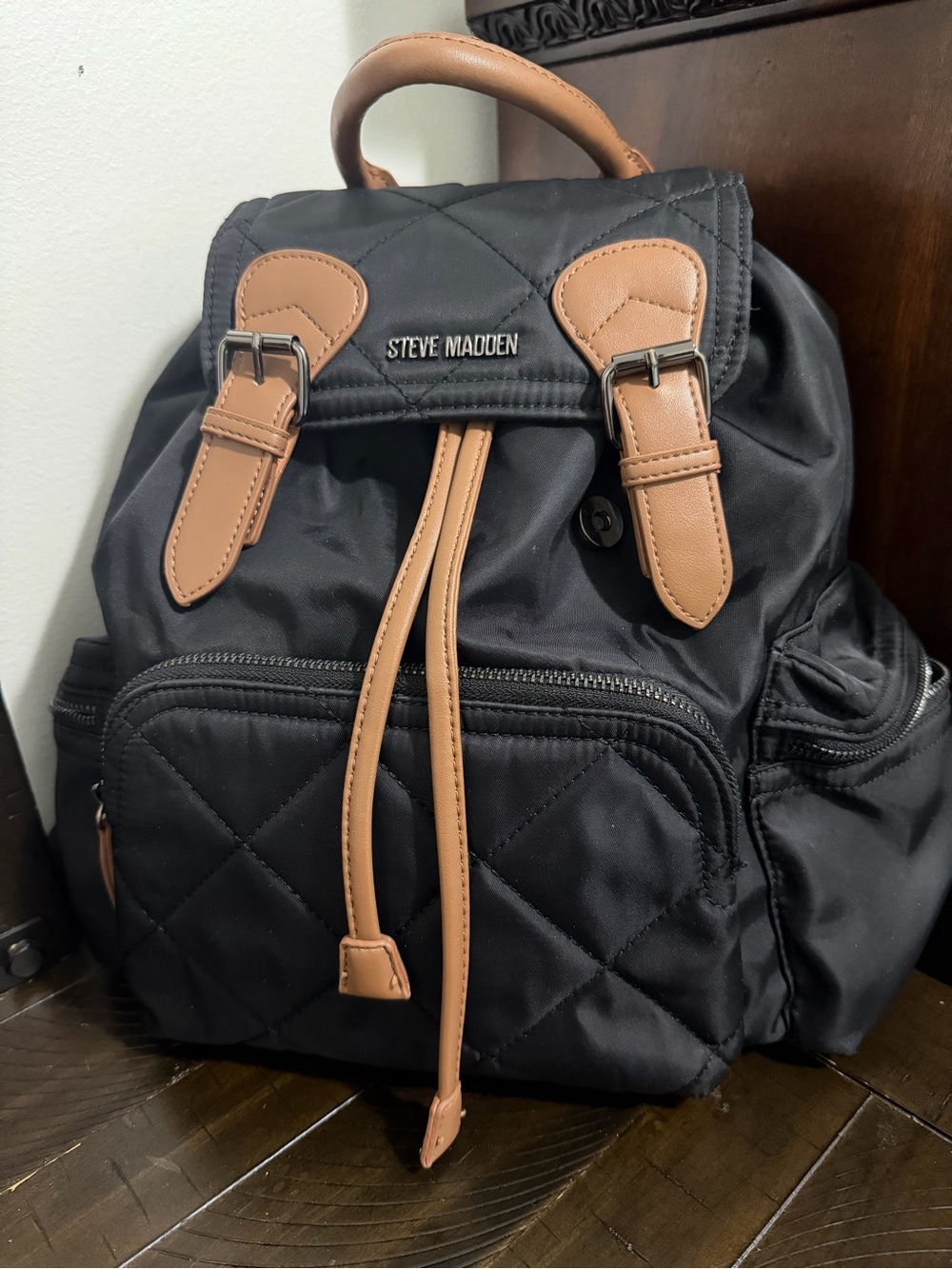 Steve Madden Black Backpack with Tan Trim Quilted Front